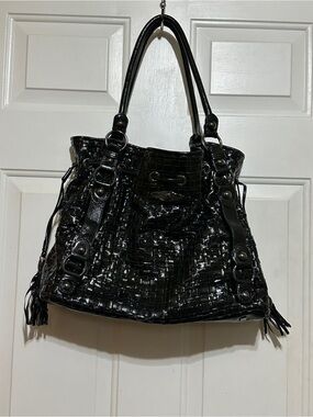 Elliott Lucca braided Patent Leather Large Handbag w/ Silver accents.